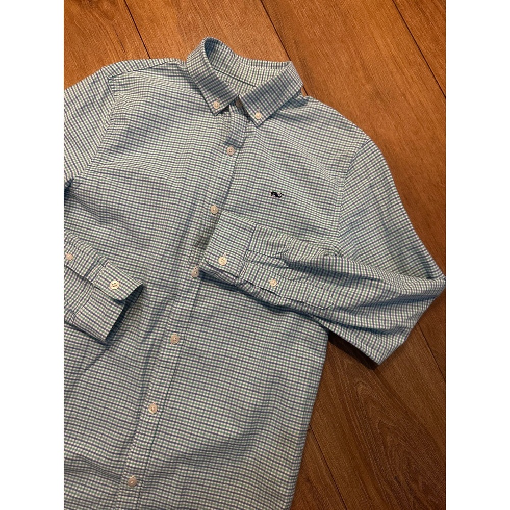 Vineyard Vines Boys Whale Shirt Gingham Blue Green Long Sleeve Button Down L 16